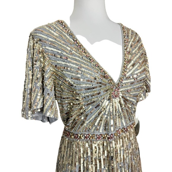 Mac Duggal Gown Silver Beaded Sequin‎ Dress Flutter Sleeves Size 8 NEW - Picture 5 of 12